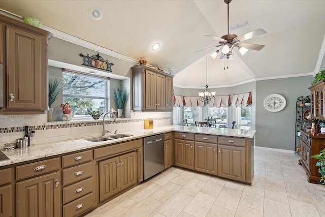 kitchen with sink, ornamental molding, vaulted ceiling, stainless steel dishwasher, and kitchen peninsula