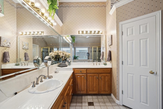 bathroom featuring vanity, tile patterned floors, and a shower with shower door