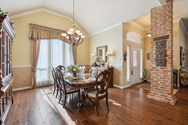 dining area featuring vaulted ceiling, dark hardwood / wood-style floors, a chandelier, and ornamental molding