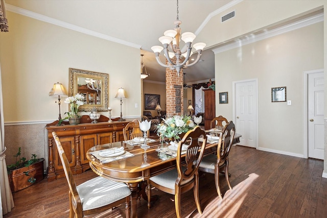 dining area featuring dark wood-type flooring, lofted ceiling, ornamental molding, and a notable chandelier