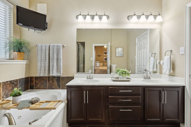 full bathroom with a bath, a shower stall, double vanity, and a sink