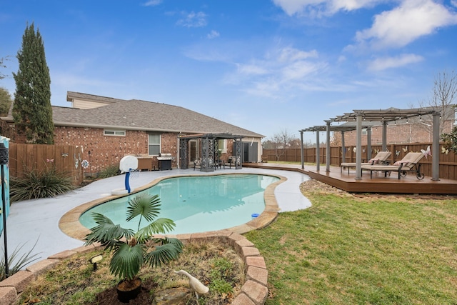 view of swimming pool with a fenced backyard, a fenced in pool, a pergola, and a wooden deck