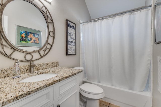 full bathroom with vanity, shower / bathtub combination with curtain, tile patterned floors, and toilet