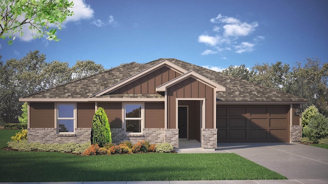 craftsman inspired home featuring a garage and a front yard