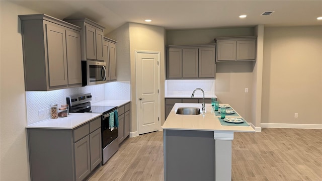 1744 River Bend Rd, Burleson, TX 76028 - kitchen with stainless steel appliances, gray cabinetry, a sink, a kitchen island with sink, and decorative backsplash