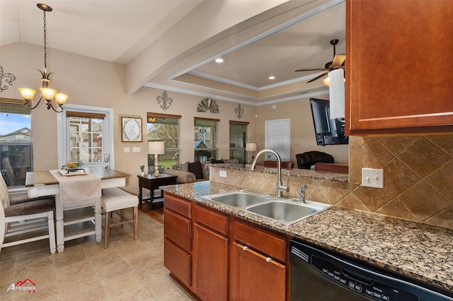 kitchen with sink, hanging light fixtures, black dishwasher, dark stone counters, and decorative backsplash