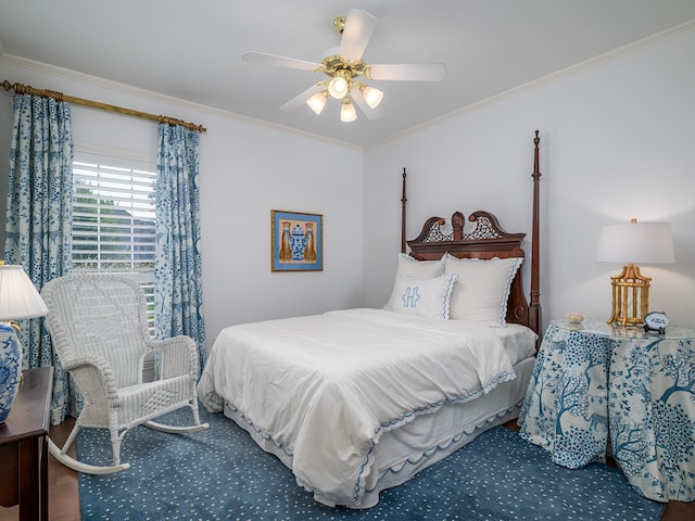 bedroom with crown molding and ceiling fan