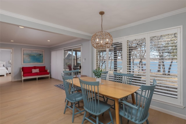 400 Driftwood Ct, Azle, TX 76020 - dining room featuring a chandelier, light wood-type flooring, ornamental molding, a water view, and recessed lighting