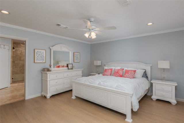 400 Driftwood Ct, Azle, TX 76020 - bedroom with light wood-style floors, crown molding, recessed lighting, and a ceiling fan