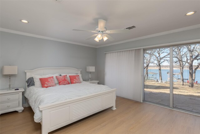 400 Driftwood Ct, Azle, TX 76020 - bedroom with access to outside, light wood-style floors, a water view, crown molding, and recessed lighting