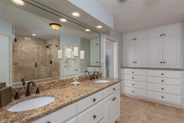 400 Driftwood Ct, Azle, TX 76020 - full bathroom featuring a shower stall, double vanity, and recessed lighting