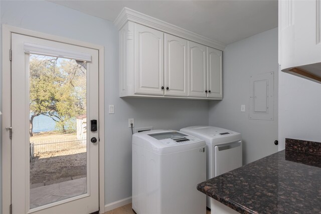 400 Driftwood Ct, Azle, TX 76020 - laundry room featuring cabinet space, washer and clothes dryer, and electric panel