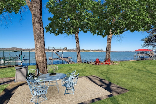 400 Driftwood Ct, Azle, TX 76020 - deck with a water view, a lawn, a boat dock, and a patio area