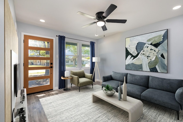 living room with ceiling fan and wood-type flooring