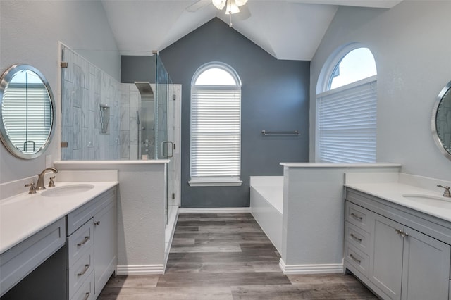 full bathroom with vaulted ceiling, a sink, a wealth of natural light, and a shower stall