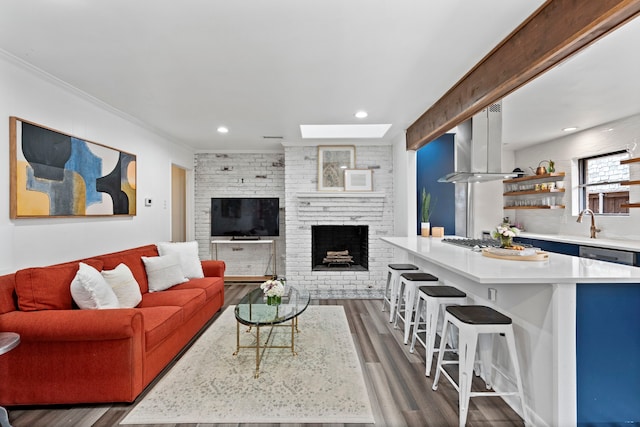 living room with a fireplace, ornamental molding, dark hardwood / wood-style flooring, and a skylight