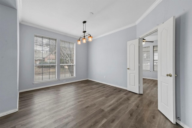 unfurnished dining area featuring crown molding, dark hardwood / wood-style floors, and ceiling fan with notable chandelier