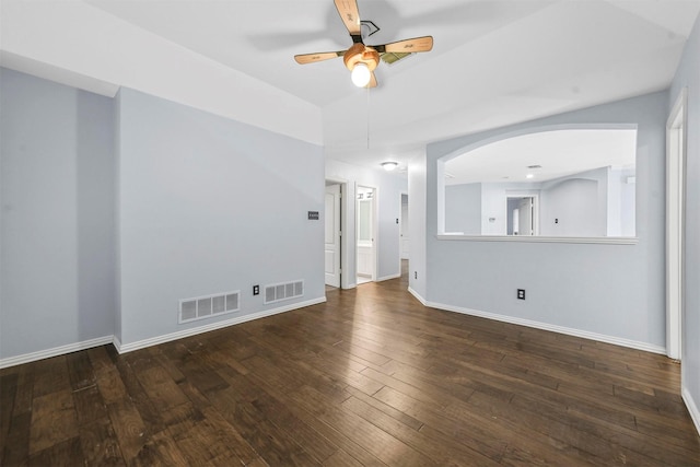 unfurnished room featuring dark hardwood / wood-style flooring and ceiling fan