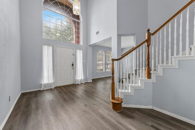 entrance foyer with a towering ceiling and wood-type flooring