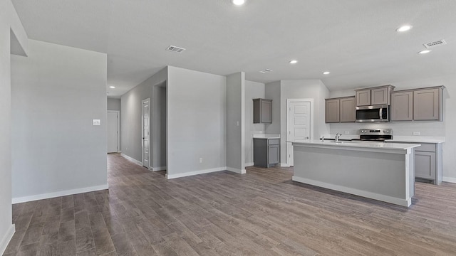 kitchen featuring gray cabinets, wood-type flooring, sink, stainless steel appliances, and a center island with sink