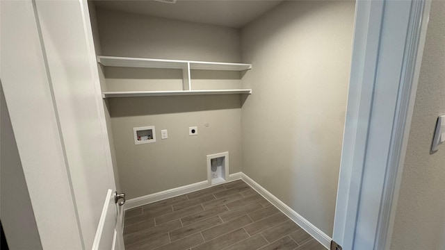 1749 River Bend Rd, Burleson, TX 76028 - laundry room featuring electric dryer hookup, washer hookup, dark wood-type flooring, and baseboards