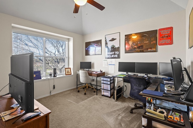 office space with lofted ceiling, carpet flooring, and ceiling fan