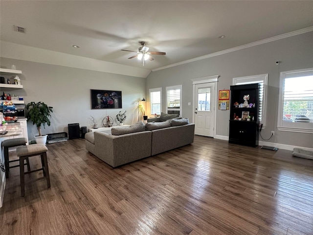 living room with crown molding, ceiling fan, lofted ceiling, and dark hardwood / wood-style floors