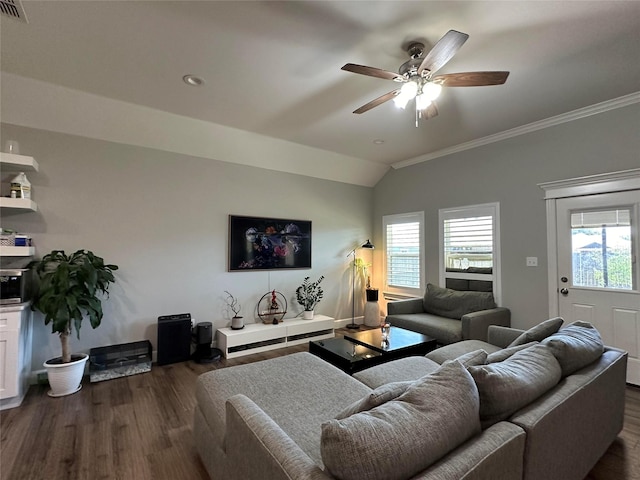 living room featuring dark wood-type flooring, plenty of natural light, and vaulted ceiling