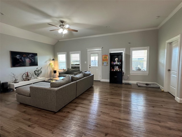 living room with dark hardwood / wood-style flooring, crown molding, and plenty of natural light