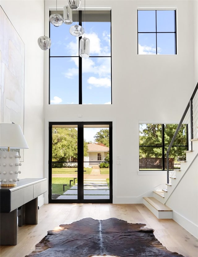 doorway with an inviting chandelier, a towering ceiling, and a healthy amount of sunlight