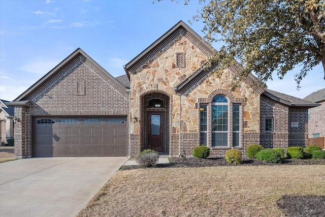 french provincial home with driveway, a front lawn, stone siding, a garage, and brick siding