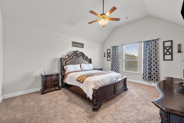 carpeted bedroom with a ceiling fan, lofted ceiling, baseboards, and visible vents