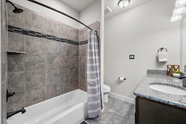 bathroom with visible vents, baseboards, toilet, shower / bath combo, and vanity