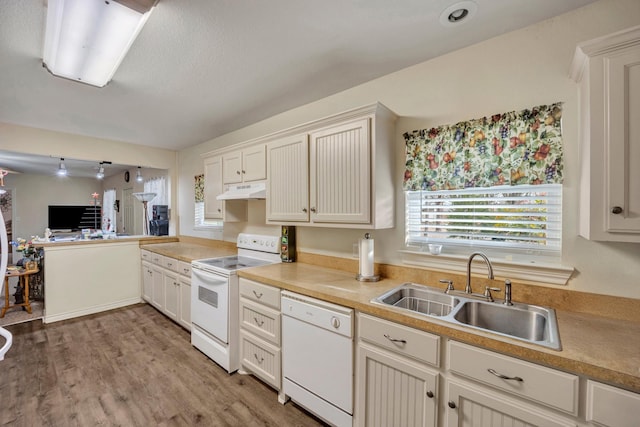 kitchen with sink, white appliances, and light wood-type flooring