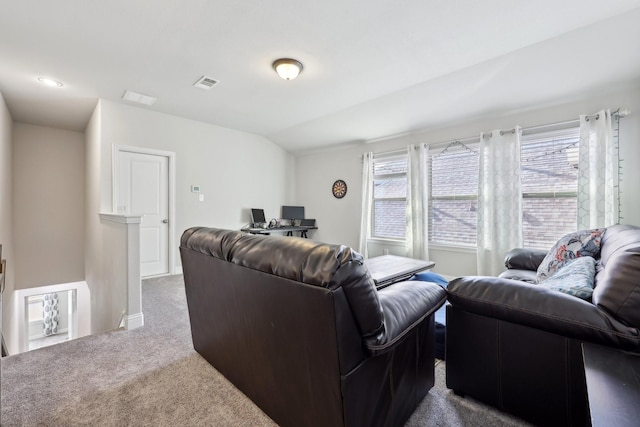 carpeted living room with vaulted ceiling and a wealth of natural light