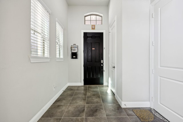 foyer entrance featuring dark tile patterned floors