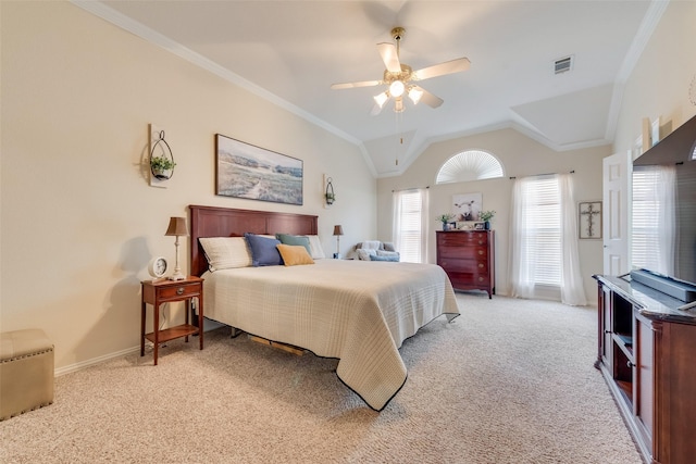 bedroom with ceiling fan, ornamental molding, vaulted ceiling, and light carpet