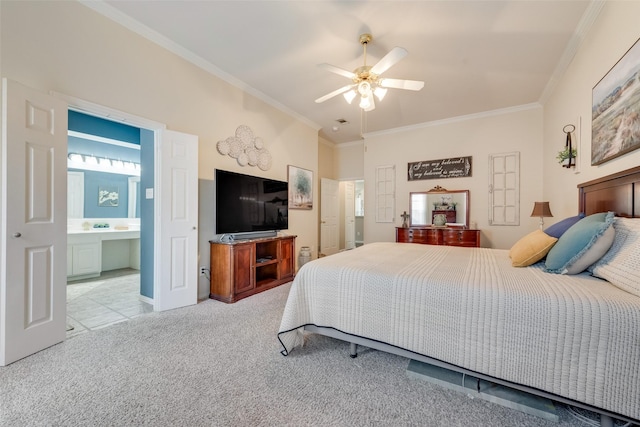 bedroom with crown molding, ensuite bath, ceiling fan, and light carpet