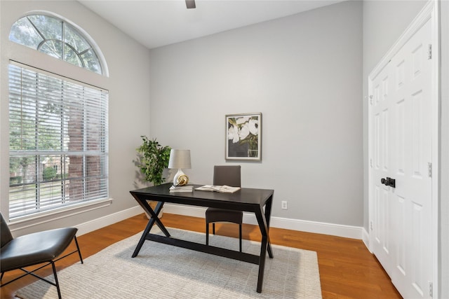 home office with plenty of natural light, hardwood / wood-style floors, and ceiling fan