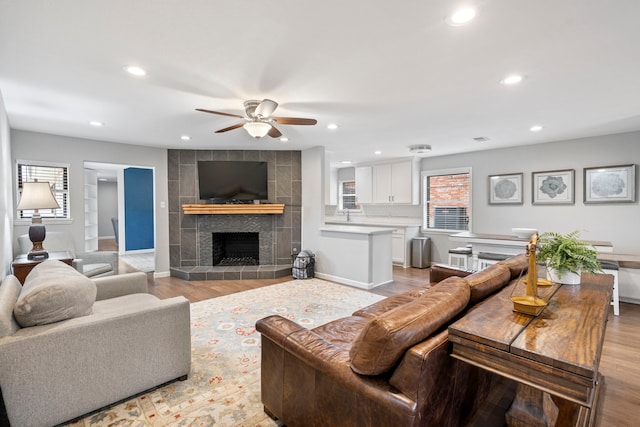 living room with a fireplace, light hardwood / wood-style flooring, and ceiling fan