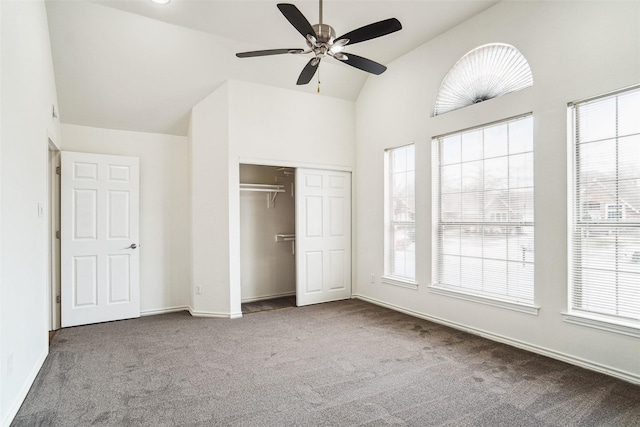 2324 Spring Mills Rd, Mesquite, TX 75181 - unfurnished bedroom with carpet floors, high vaulted ceiling, a ceiling fan, baseboards, and a closet
