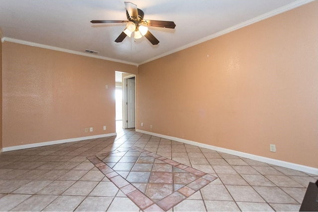 tiled empty room featuring ornamental molding and ceiling fan