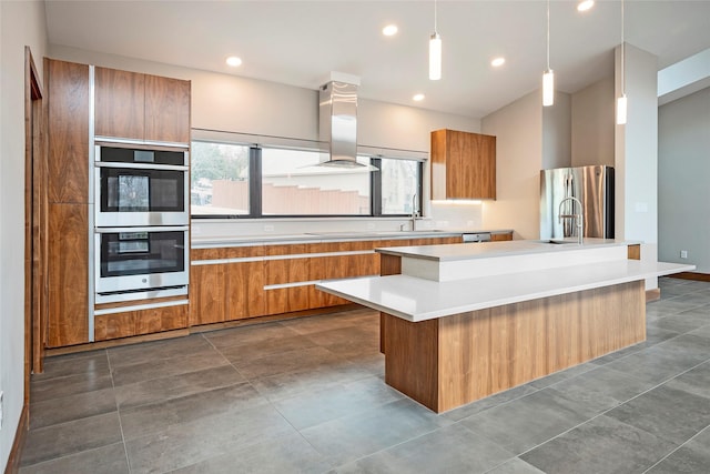 1621 Caddys Cir, Garland, TX 75043 - kitchen with appliances with stainless steel finishes, modern cabinets, brown cabinets, and recessed lighting