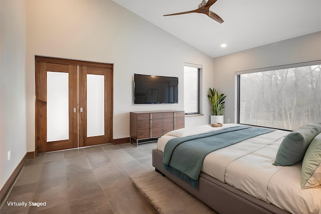 bedroom featuring french doors, ceiling fan, and high vaulted ceiling