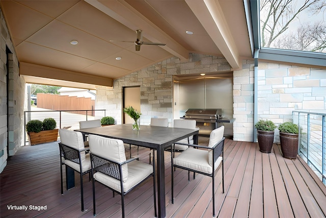 1621 Caddys Cir, Garland, TX 75043 - wooden deck with outdoor dining area, grilling area, area for grilling, and ceiling fan