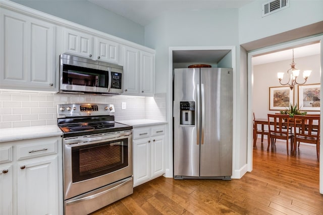 kitchen with hanging light fixtures, light hardwood / wood-style flooring, white cabinets, stainless steel appliances, and backsplash