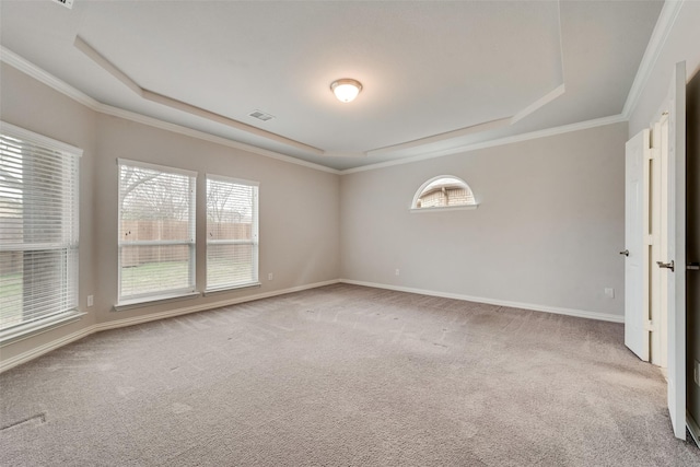 carpeted empty room with crown molding, a healthy amount of sunlight, and a tray ceiling