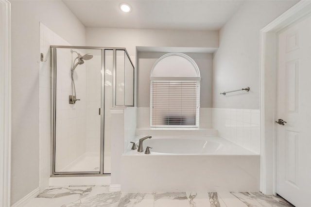 200 Ravenel St, Glenn Heights, TX 75154 - full bathroom with marble finish flooring, a shower stall, a bath, and recessed lighting