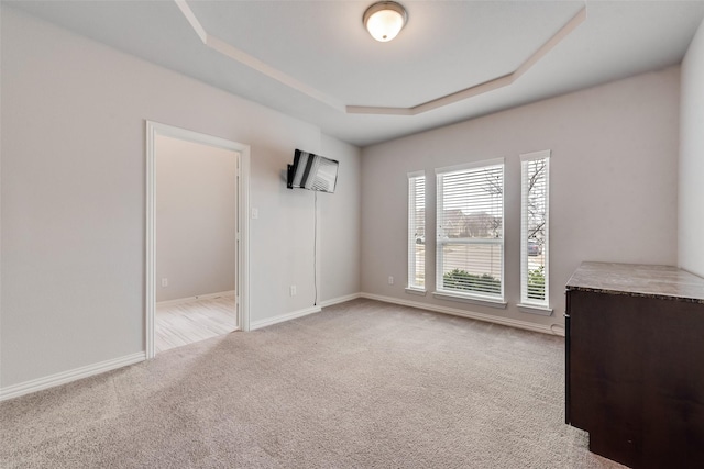 unfurnished room featuring a raised ceiling and light carpet