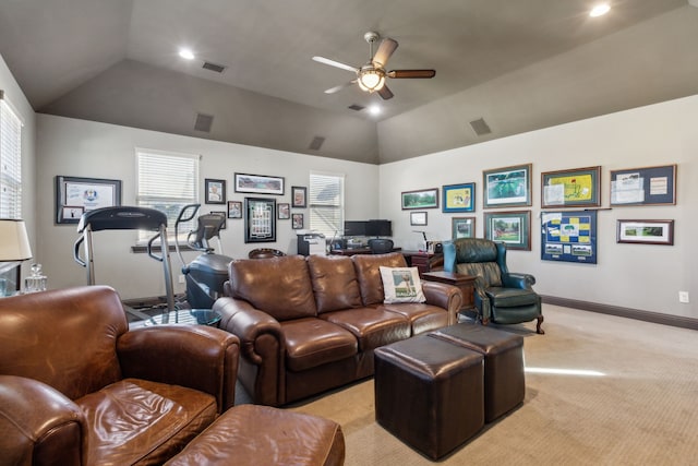 carpeted living room with lofted ceiling and ceiling fan